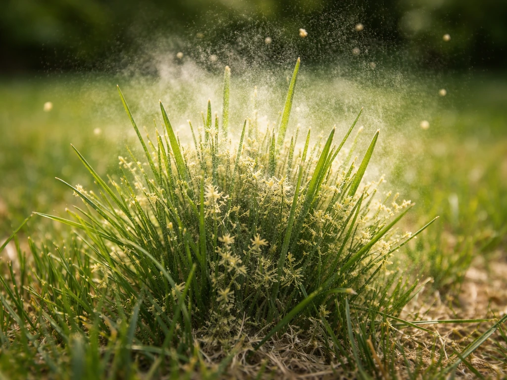 Close-up van gras met zichtbare graspollen/pollenachtige waas tussen grassprieten, net voor hooikoorts.