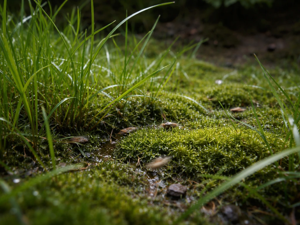 Close-up van nat gras en mos in een schaduwrijke hoek met kleine bewegende insecten en een tekenrisico-gevoel