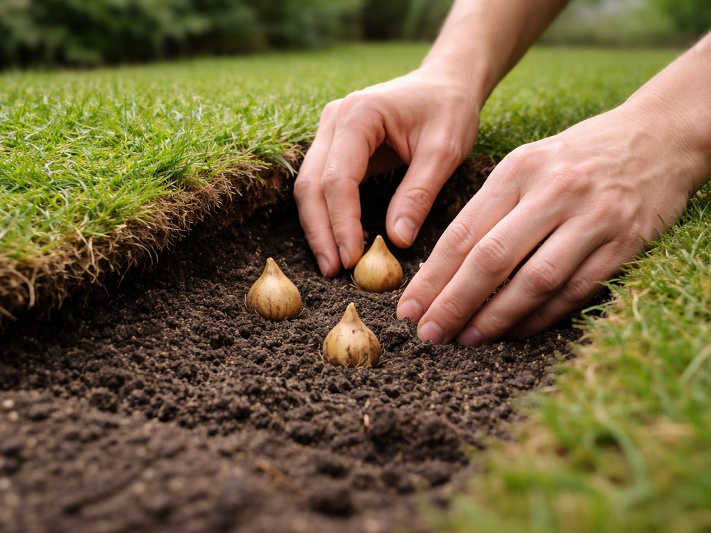 Handen planten bloembollen onder een opengeklapte grasmat, met zicht op losse grond en teruggelegde zode.