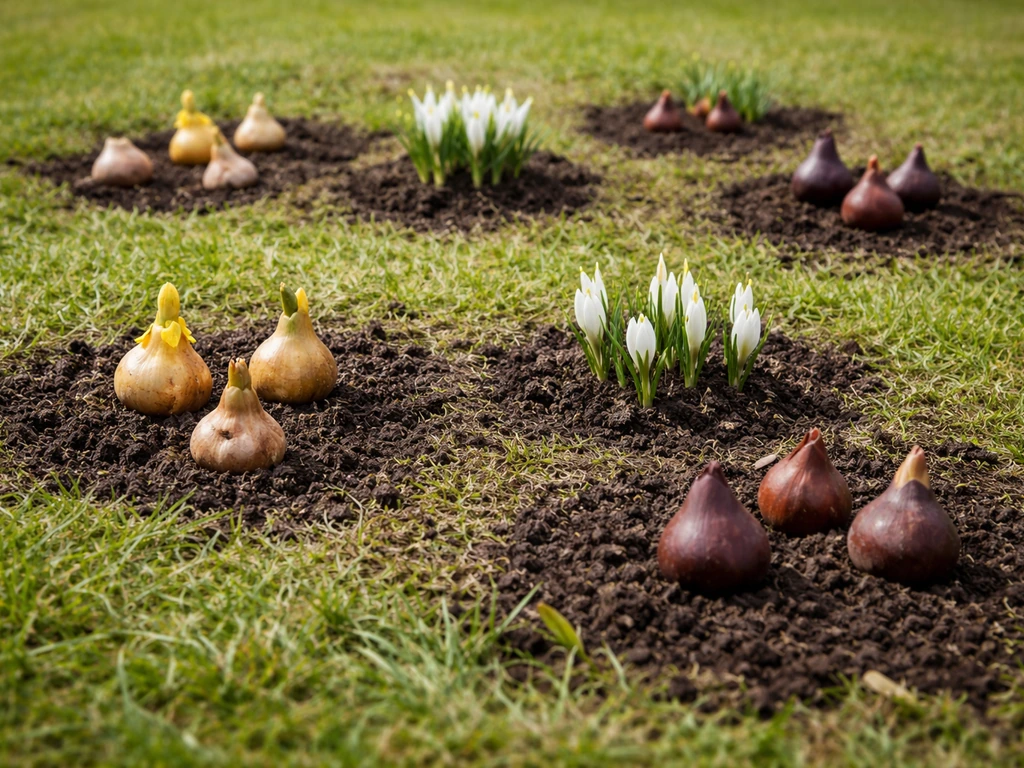 Overzicht van verschillende bloembollen voor onder gras in een tuinperk, met narcissen, krokussen en sneeuwklokjesbollen