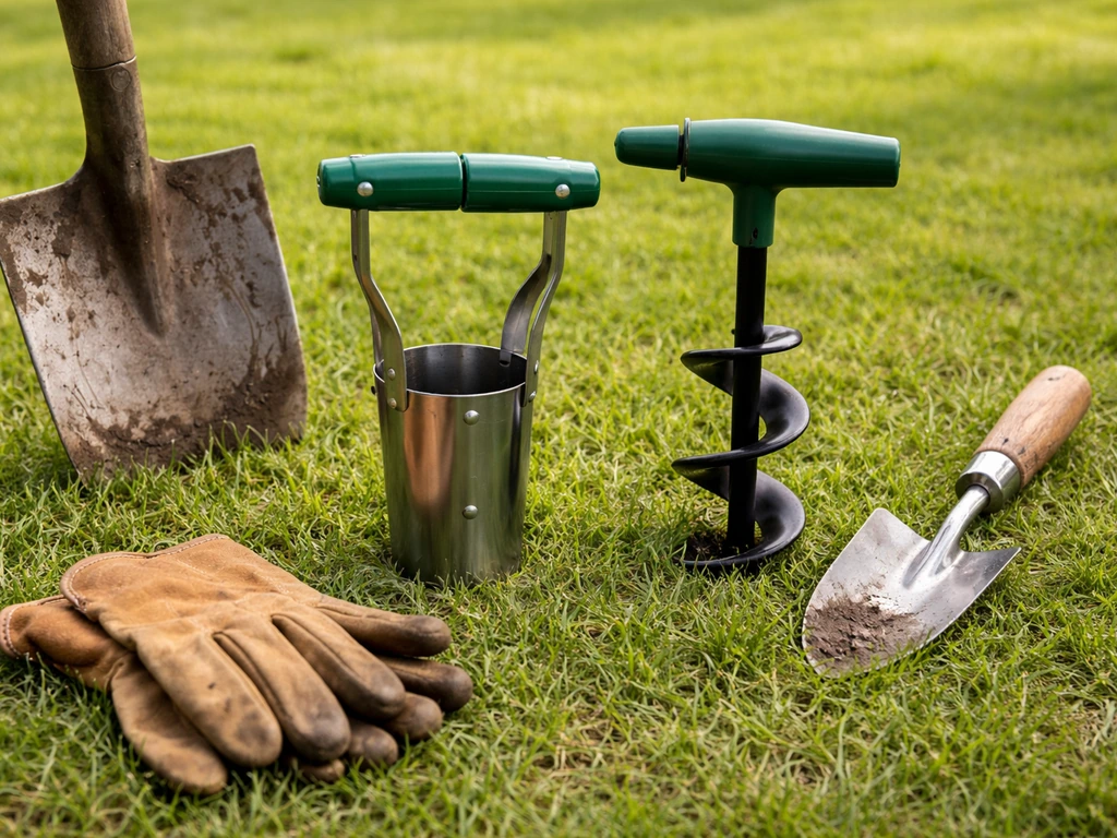 Close-up van tuinwerkhandschoenen en gereedschap zoals bollenplanter en grondboortje op gazon.