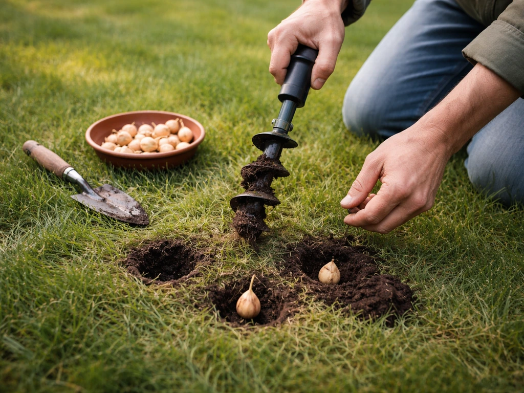 Handen met bollenplanter maken kleine gaatjes in gras en plaatsen bollen op juiste diepte.