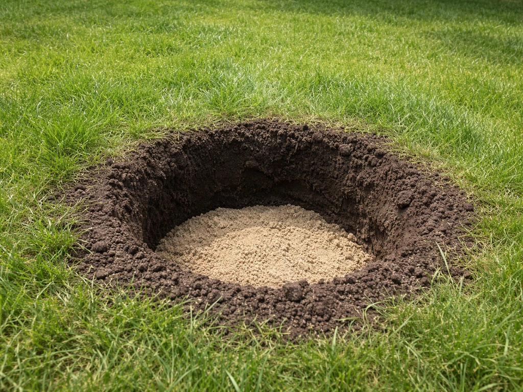 Tuin met plantgat in gazon: laag grof zand op afwatering tegen zichtbaar natte grond