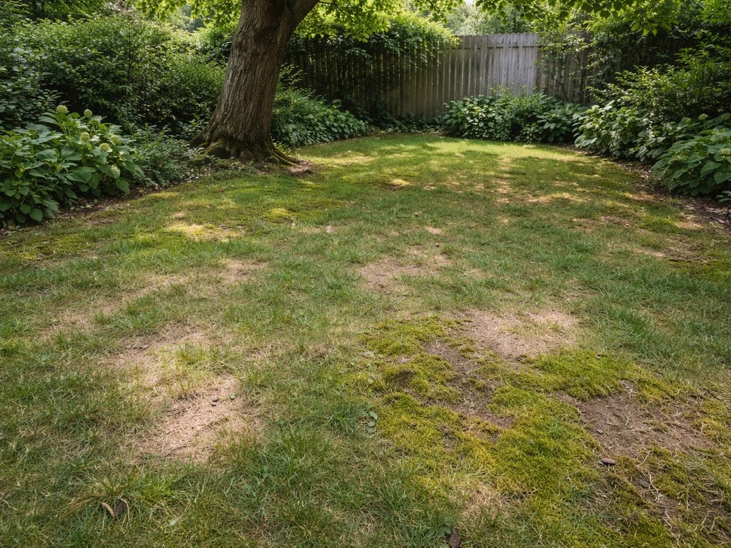 Schaduwgazon in een Nederlandse tuin met mos en duidelijke kale plekken rond een boomwortelzone.