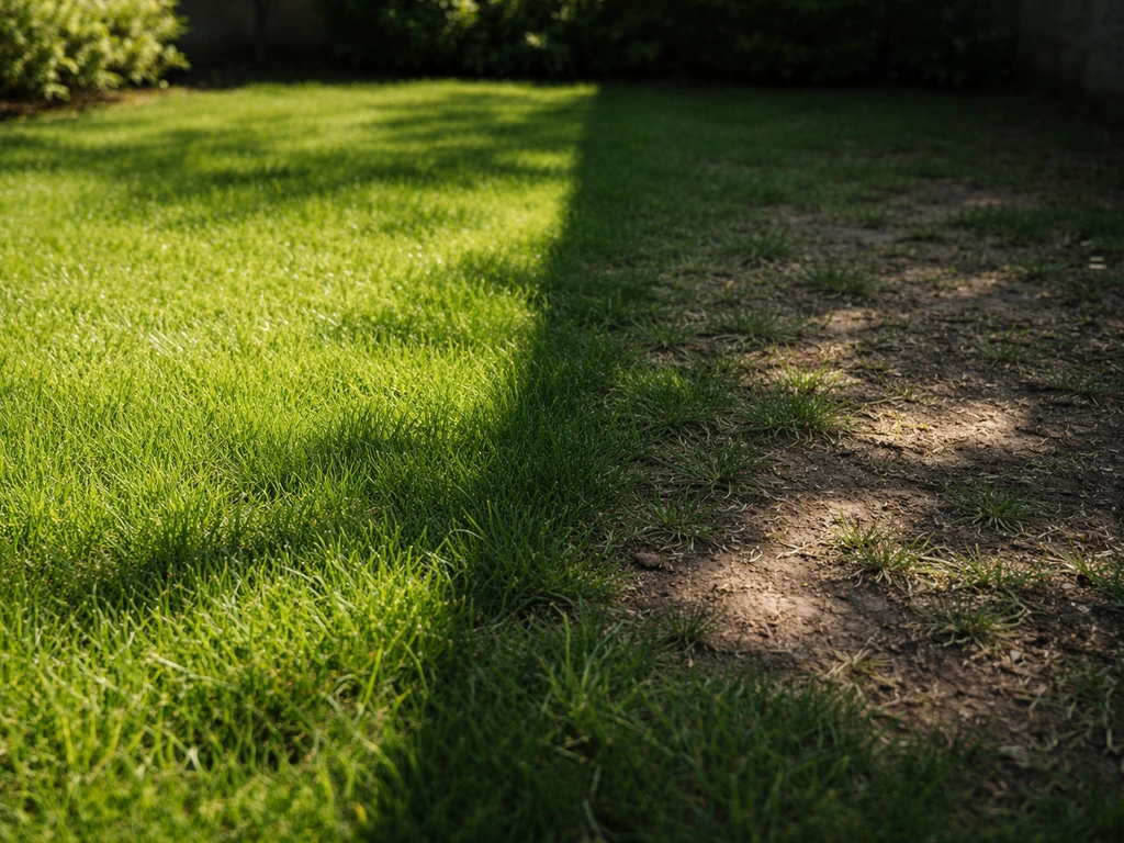 Tuin met duidelijke zonnige rand en schaduwplek; gras wordt dunner met kale plekken
