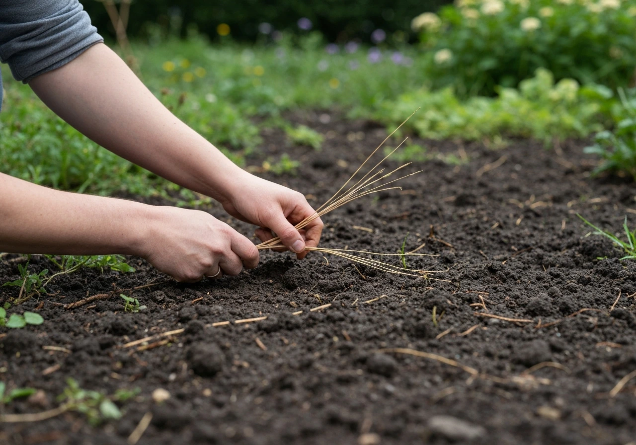 Handen strooien zaden in ondiepe rij in schaduwrijke moestuin, met net zichtbaar zaairesultaat in de grond.