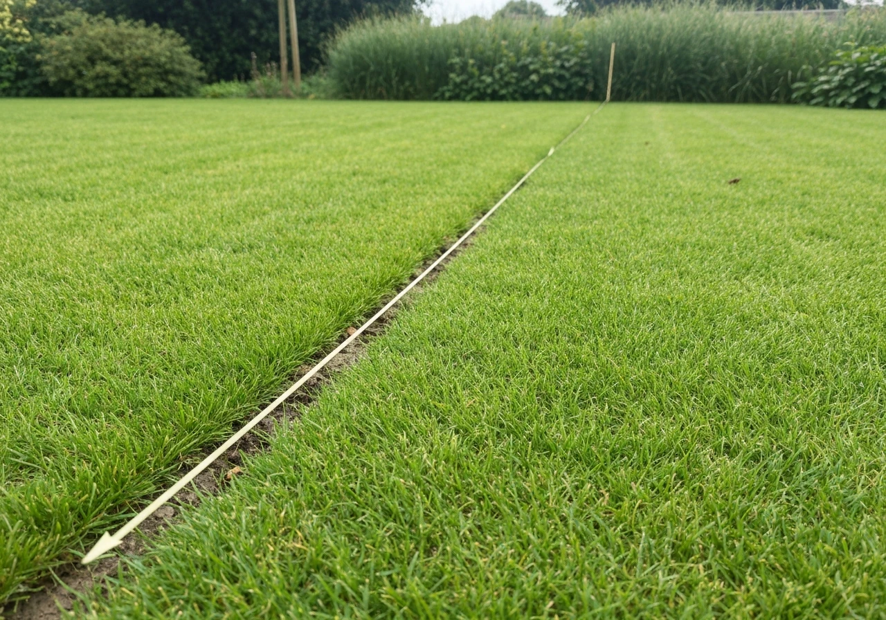 Grasmaaier maait langer schaduwgras (±5–6 cm) in een stille tuin, met bladschaduw op het gras.