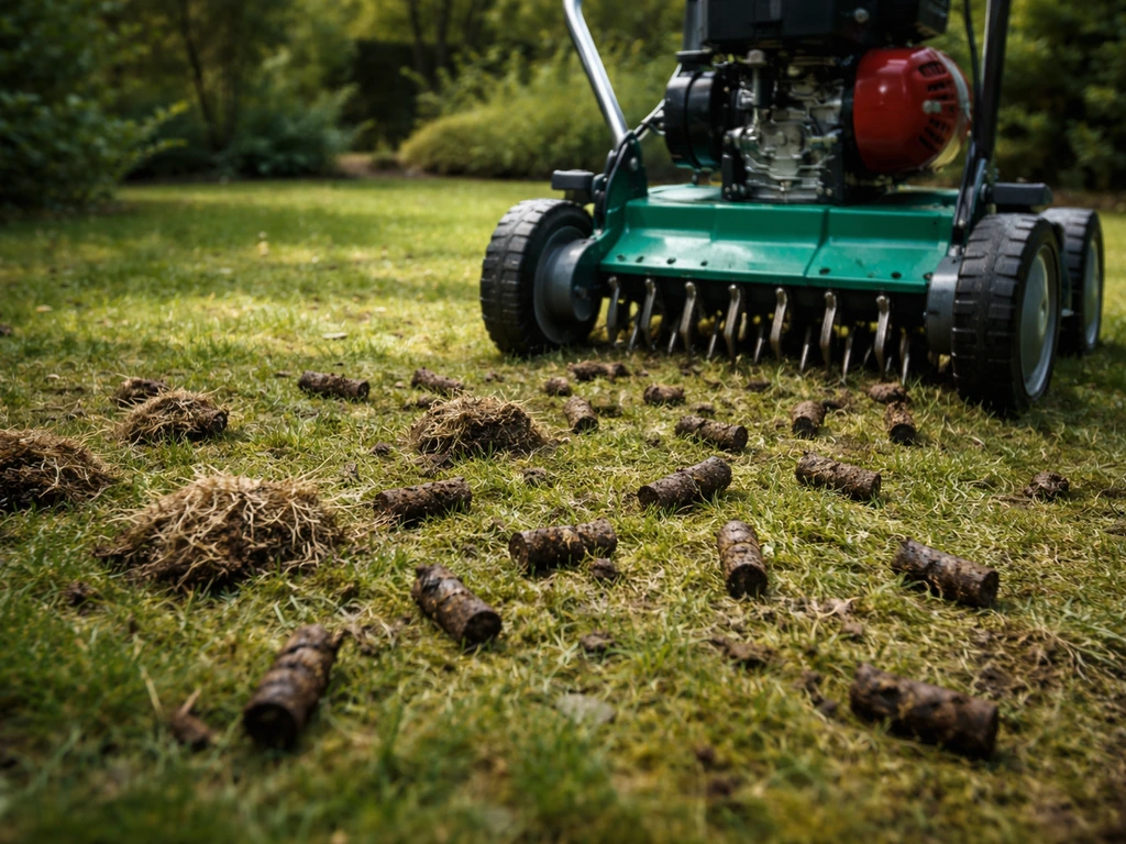 Een tuinaerator die bodempluggen en los vilt uit een schaduwgazon haalt