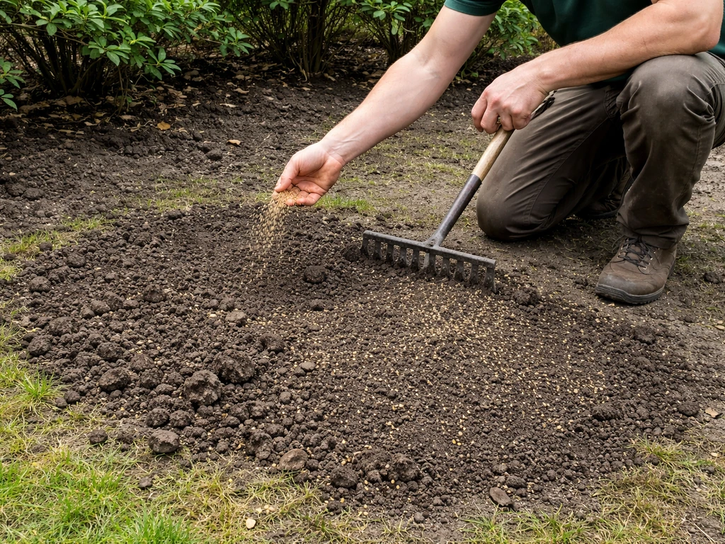 Tuinman werkt aan kale grasplek: losgemaakte toplaag met hark en uitstrooiend graszaad in schaduwrand.