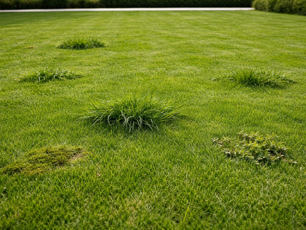 Nederlands gazon met zichtbare plekken waar wild gras tussen het nette gras groeit