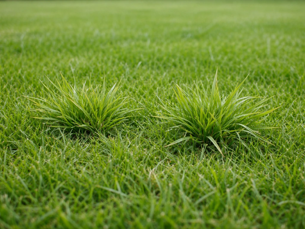Close-up van polletjes wild gras in een gazon, met gras dat afwijkt van de rest.