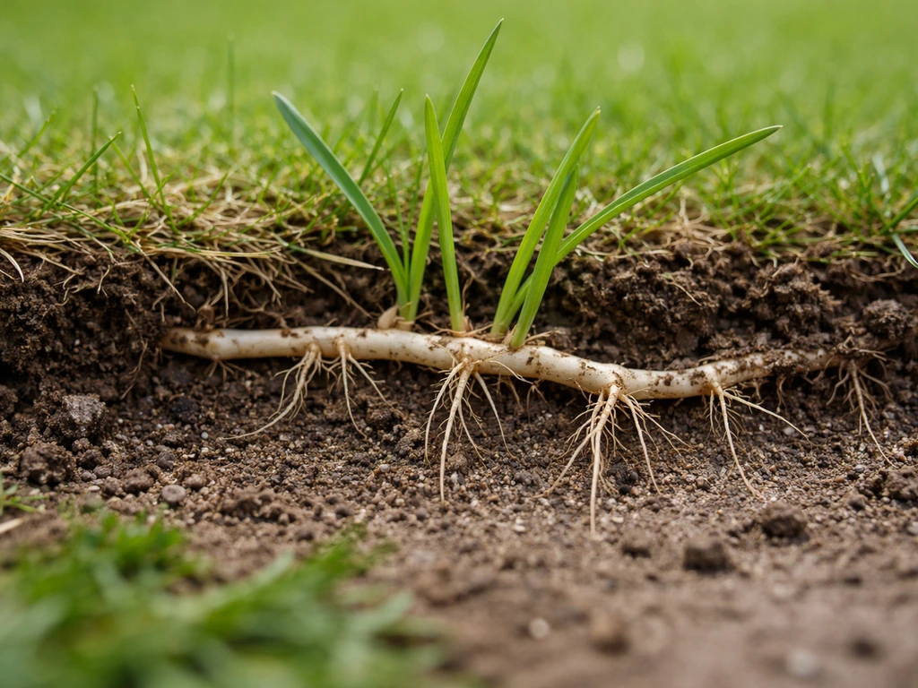 Close-up van kweekgras in het gazon met zichtbare witte worteluitlopers uit de grond.