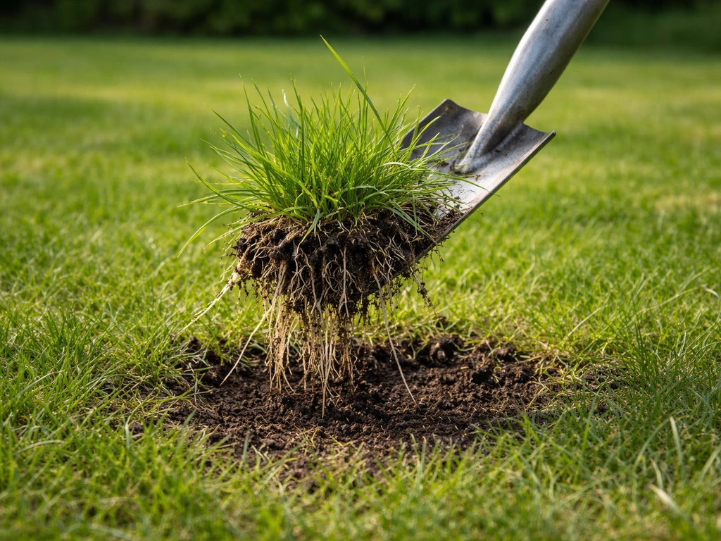 Hand met onkruidsteker tilt een pol wild gras met wortels uit het gazon, kale plek eromheen.