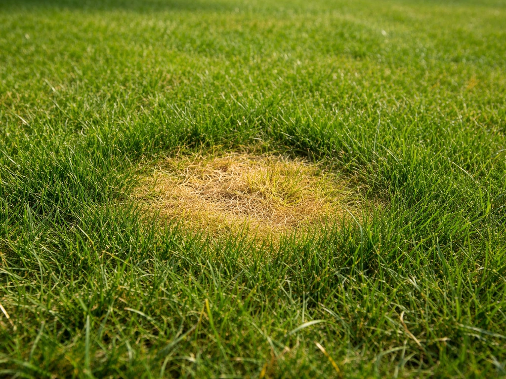 Close-up van een ronde/ovale urineplaats in het gazon: geel tot strogeel midden met donkerder gras eromheen.