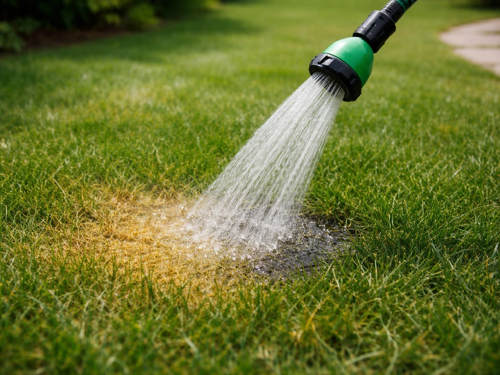 Tuinslang die een urineplek op een gazon direct doorspoelt met zichtbare waterstroom.