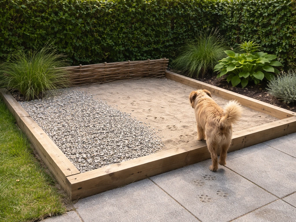 Kat of hond bij een afgebakend hoekje met zand en grind in de tuin, vaste plas-/ontlastplek.