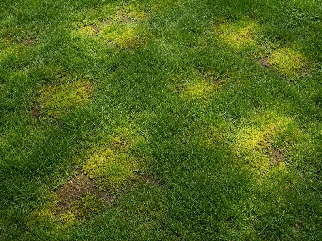 Bovenaanzicht van een gazon met duidelijk groeiend mos tussen het gras, met viltplekken en verdichte zones.
