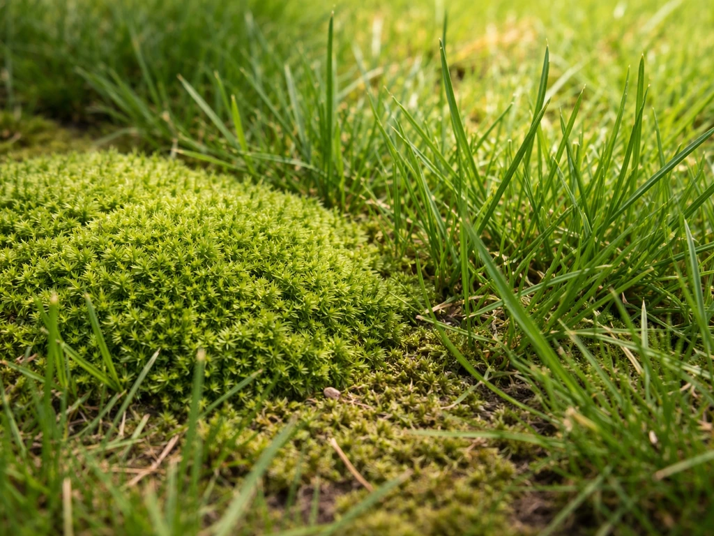 Close-up van mos in het gazon naast gras, met duidelijk zichtbare textuur en licht/schaduw.
