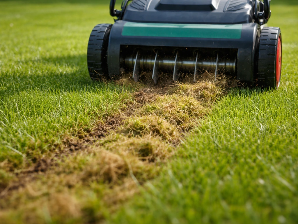 Verticuteermachine trekt vilt en mos uit de grasmat tijdens het werk, met zichtbaar opgezogen resten achter de machine.
