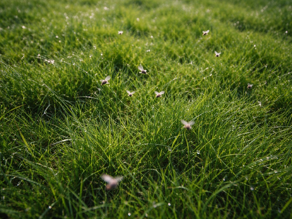 Bovenaanzicht van nat Nederlands gazon met kleine insecten die uit dicht gras opjagen.