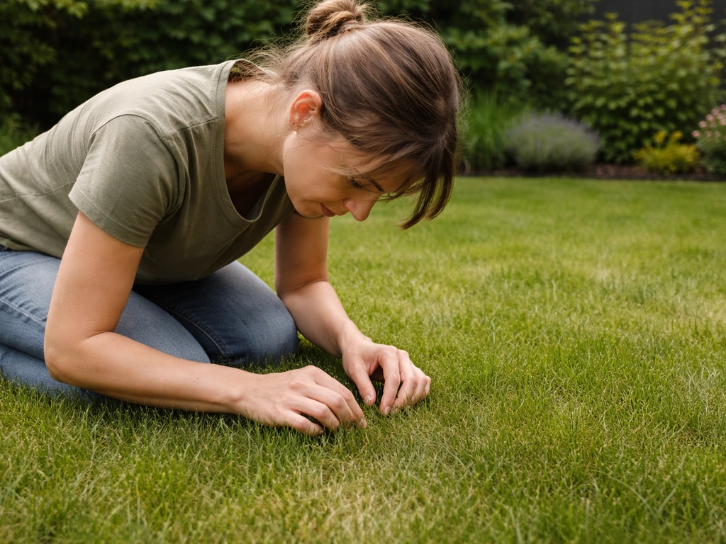 Tuinier in een rustige tuin die langzaam het gazon inspecteert en plekken met insectactiviteit controleert