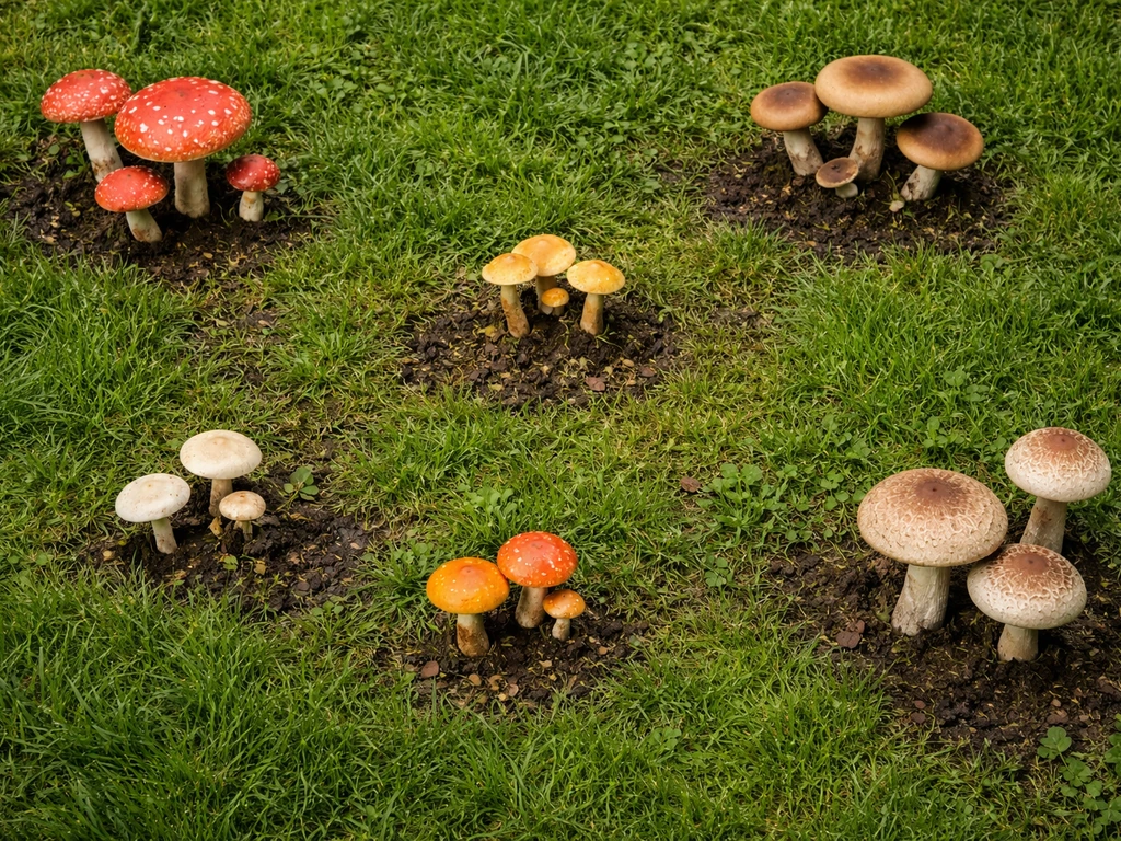 Bovenaanzicht van een gazon met meerdere paddestoelen die uit het grasveld opkomen, met zichtbare bodem.