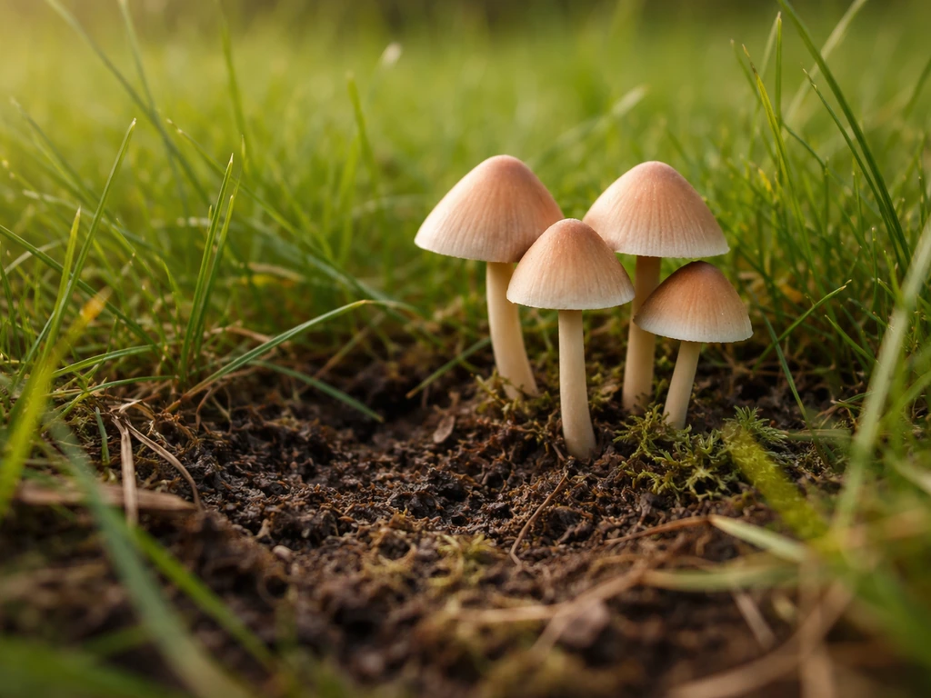 Paddestoelen in het gras met zichtbaar donkere humus en viltlaag in de bodem eronder.