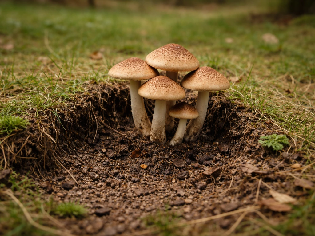 Close-up van paddestoelen bij een open, losgemaakte plek in de bodem met beschadigde grasmat en aarde.
