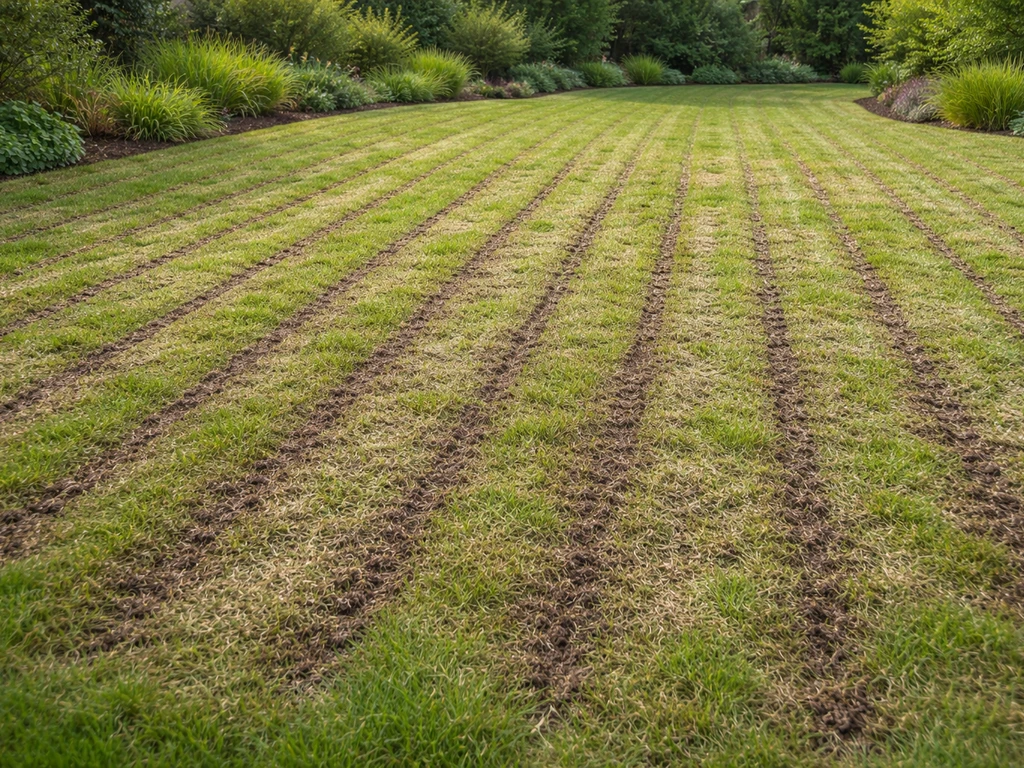 Verticuteerstrepen in een gazon met direct daarna doorgezaaide kale plekken, natuurlijke tuinsetting