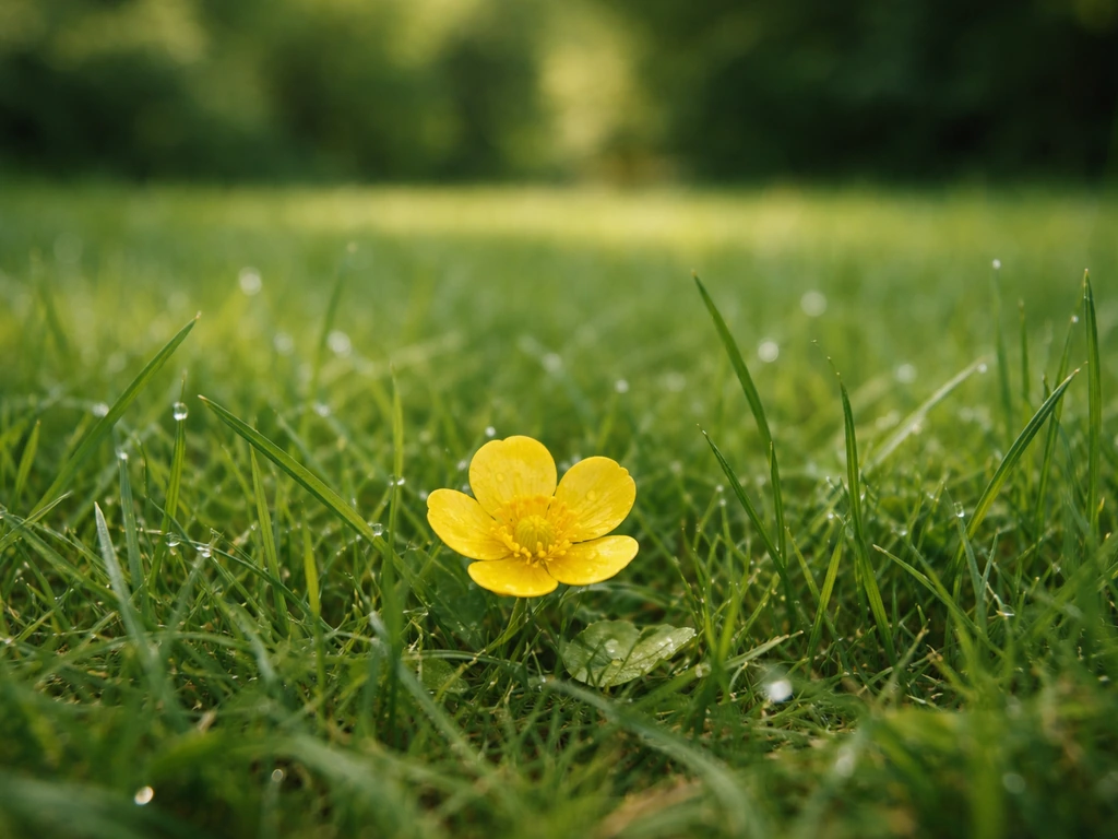 Gele bloemetje in het gras, scherp in beeld met licht onregelmatig maar gezond gazon eromheen.
