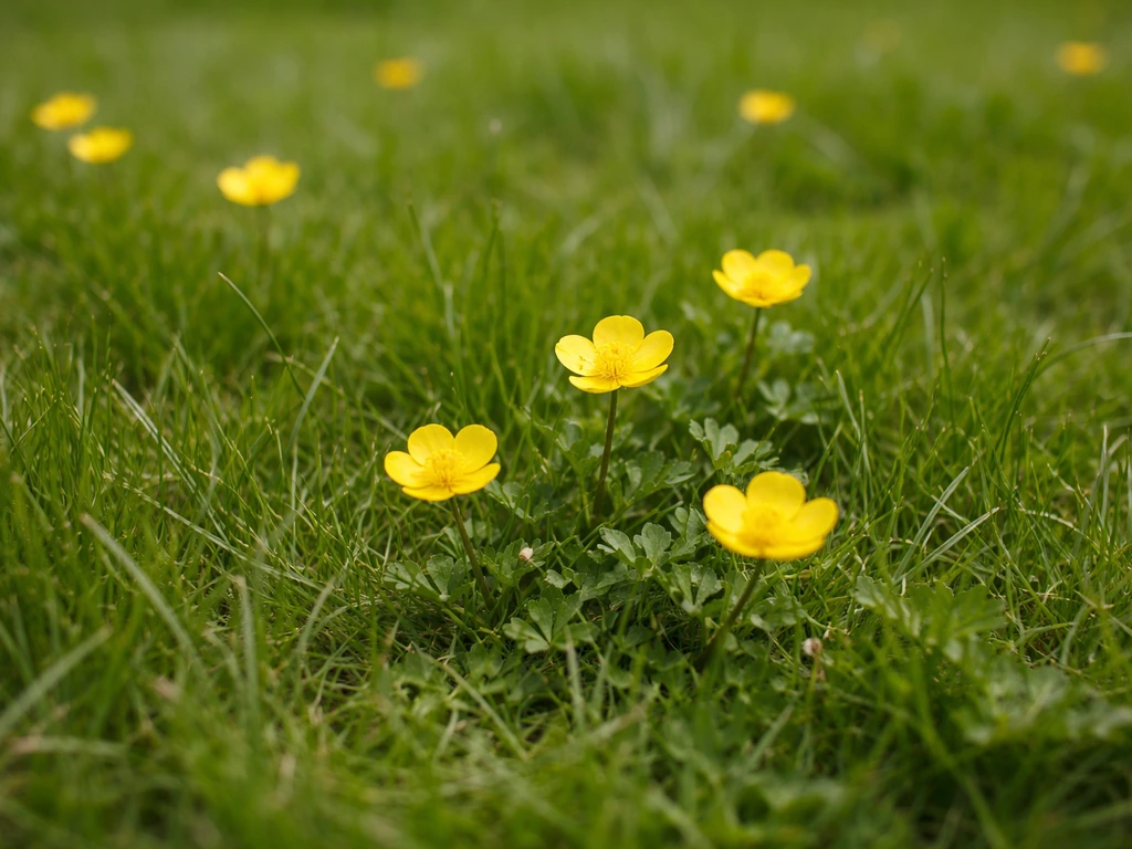 Gele bloemetjes tussen het gras in een Nederlands gazon, close-up met zichtbare steel en bloemvorm.