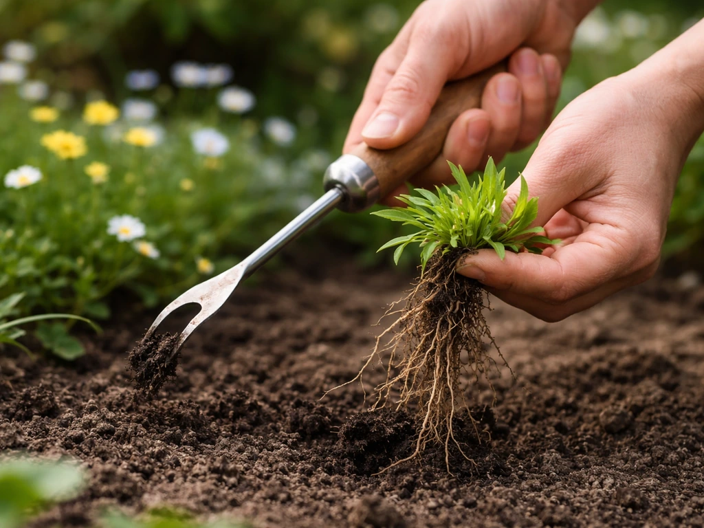 Persoon steekt met een smal wiedhakje een onkruidplant uit met wortel, in een tuin met kleine bloemetjes