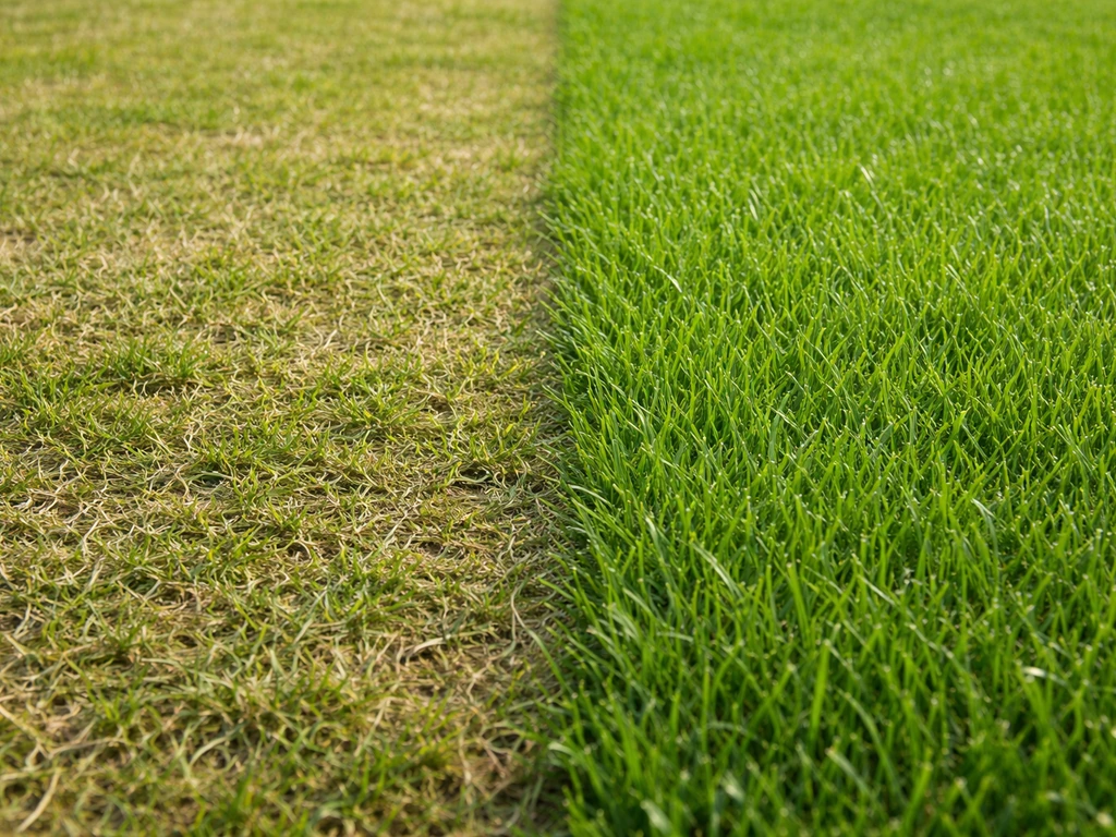 Twee naast elkaar liggende stukken gazon: links te kort en gestrest, rechts op 3–4 cm gezond en voller.