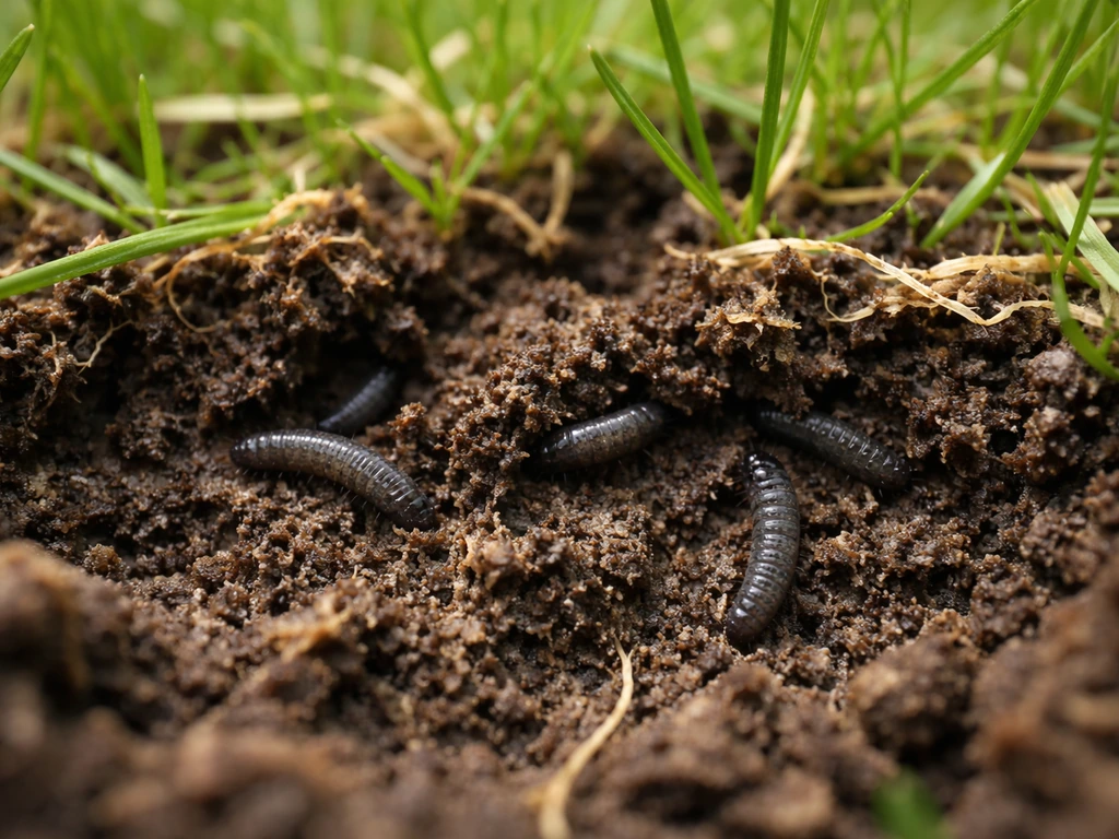 Macro van kleine zwarte rouwvlieglarven in het Nederlandse gazon tussen groen gras en aarde.
