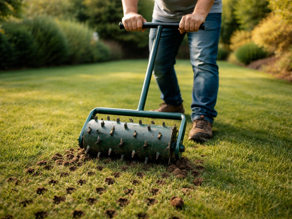 Hand duwt een beluchter over een groen gazon met zandige grond ernaast, voor beluchten/verticuteren