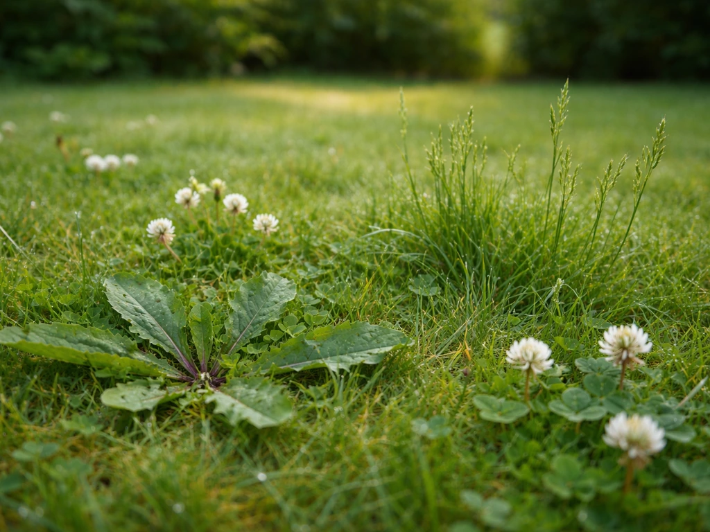 Nederlands gazon met duidelijk zichtbare paardenbloem, witte klaver en grasonkruid zoals windhalm, close-up