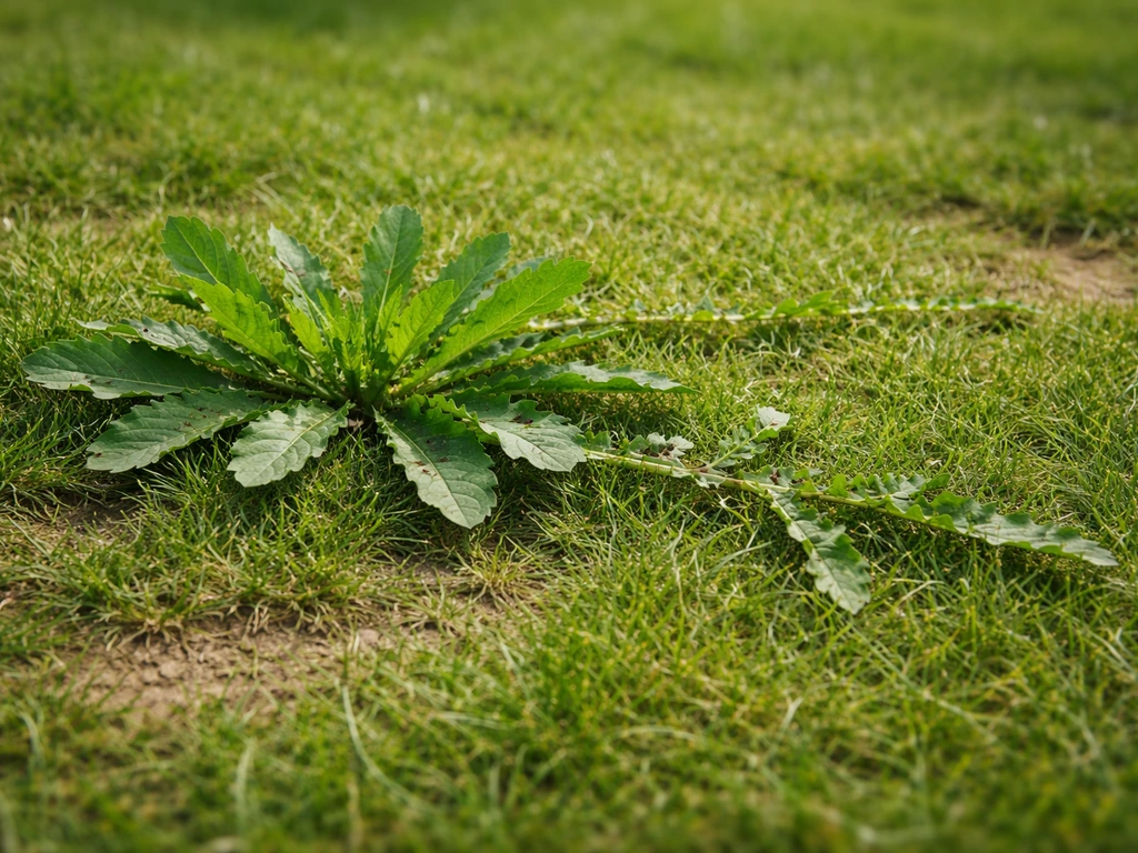 Close-up van onkruid in een gazon met rozet- en bladkenmerken, met zichtbare plekken in het gras