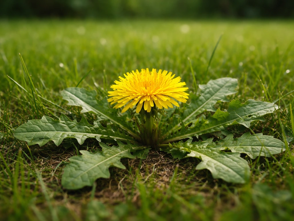 Close-up van een paardenbloemrozet op het gazon met scherp zicht op rozetbladeren en een gele bloem