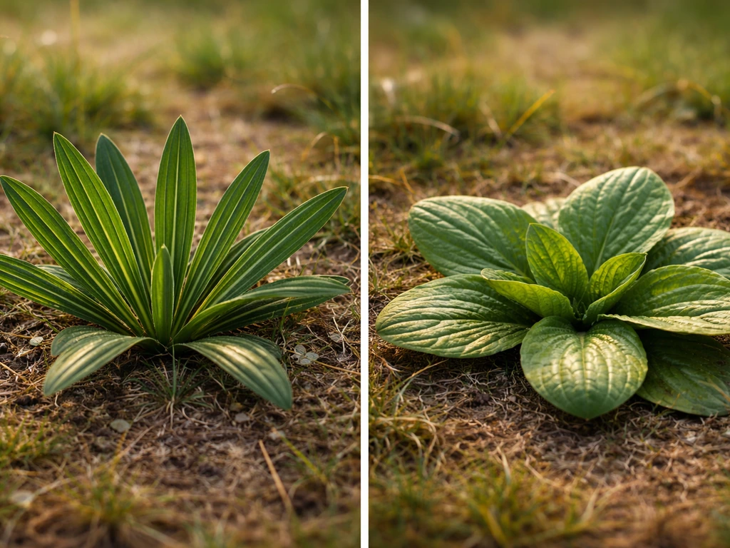 Close-up naast elkaar: smalle en grote weegbree met zichtbare bladnerven en rozetvorm op de bodem.