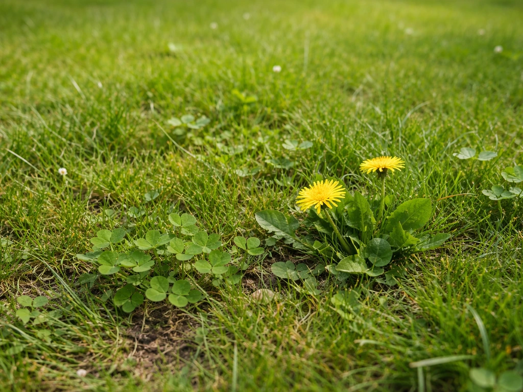 Duidelijke plantjes tussen het gras, met paardenbloemachtige en klaverachtige bloemen in een verzorgd gazon