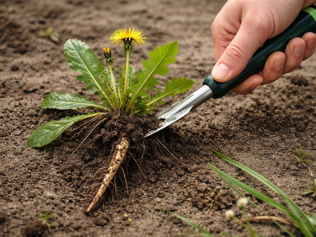Close-up van het uitgraven van een paardenbloem/weegbree met een smalle onkruidsteker en zichtbare penwortel.