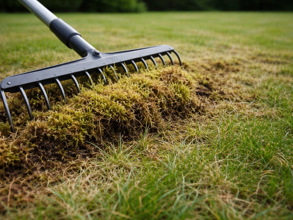 Verticuteerhark trekt mos los uit de gazonmat; opengewerkte bovenlaag met herstellende grasstructuur.