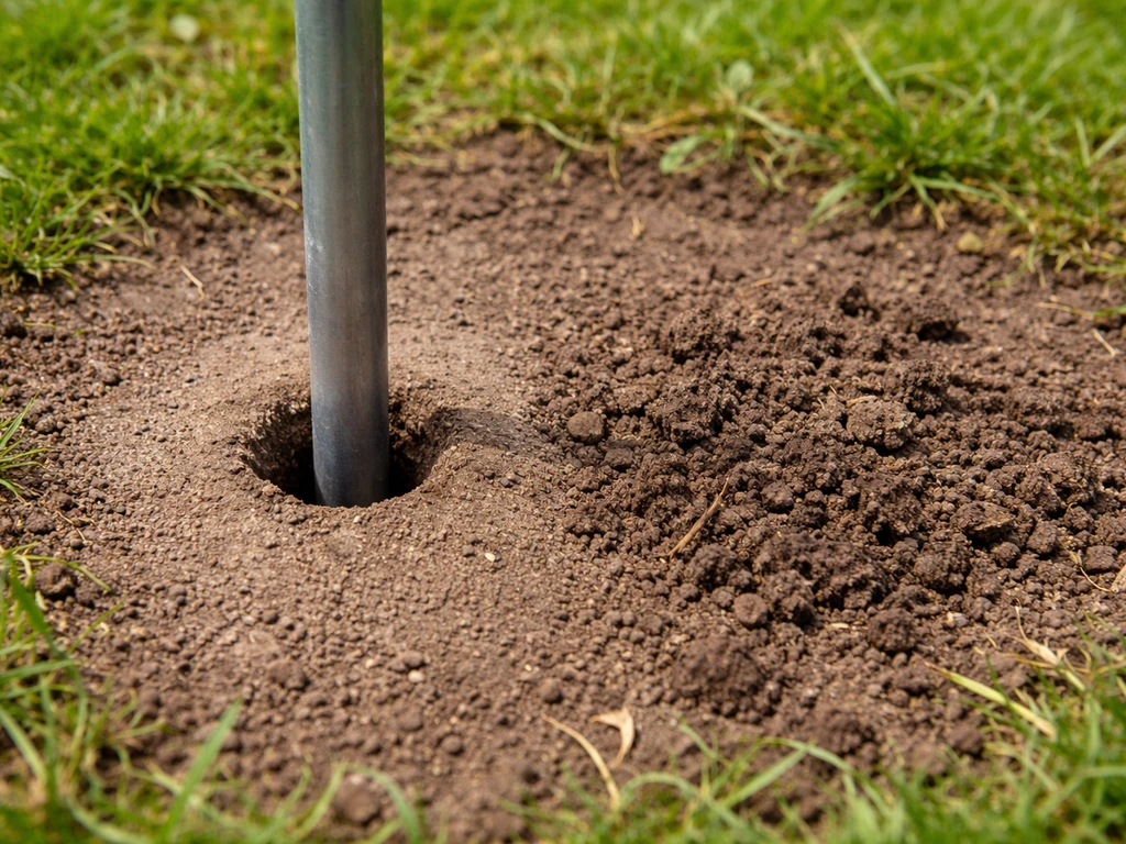 Prikgat naast losser stuk grond; een metalen grondpen toont verdichte bodem in een tuin