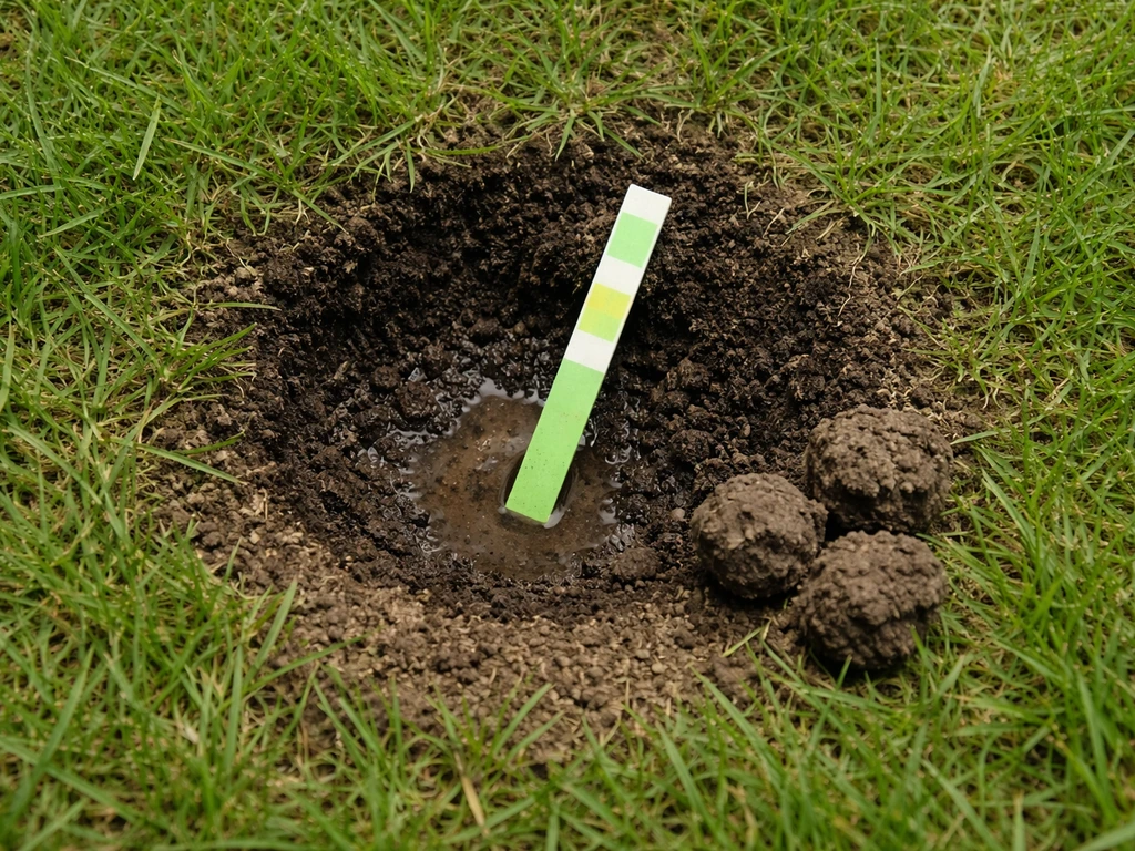 Bovenaanzicht van een pH-teststrip op gras met bodemmonster voor een gazontest