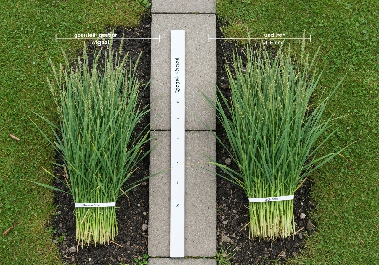 Links te kort gemaaid gras en rechts gezond langer gras, met een onscherpe meetlat op de achtergrond.