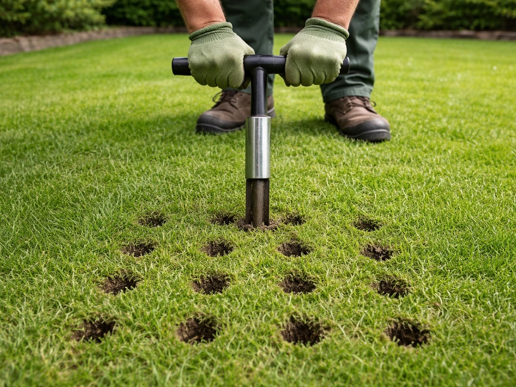 Tuininzet: beluchter/grondprikker prikt gaten van ca. 10 cm in een gazon voor betere bodemstructuur