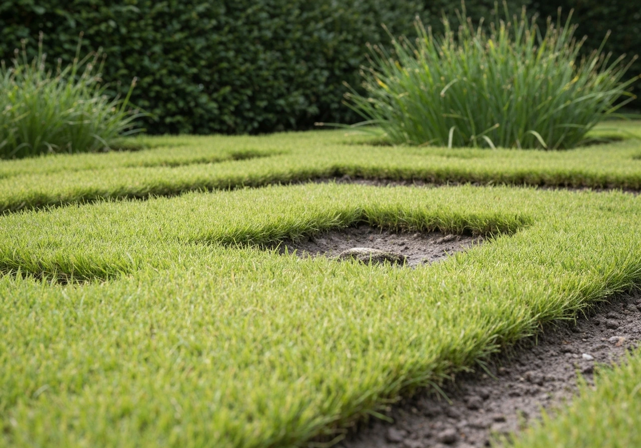 Kale plek in de tuin met uitgestrooid graszaad op een zaaibedje en zichtbare afdekking/afwatering.