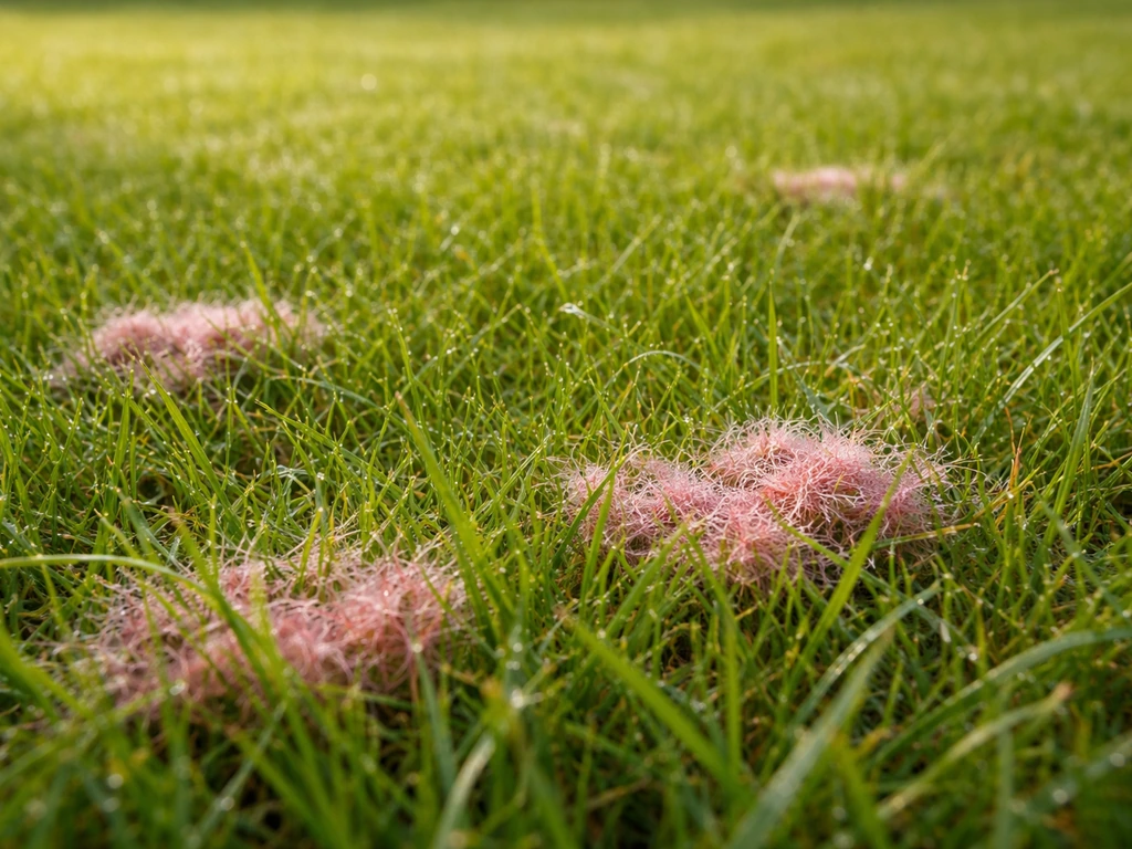 Roze schimmelplekken in een Nederlands gazon met omliggend gezond gras en roze waas op grassprieten.