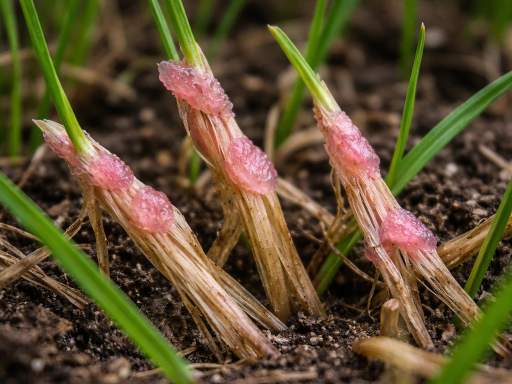 Close-up van roze, glibberige schimmel op individuele grassprieten met bleek strohachtig gras eromheen