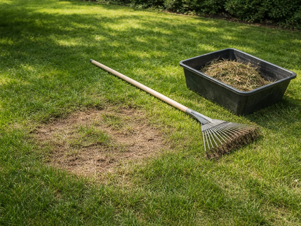 Gras met roze vlekken in een tuin, met tuinhark en maaibak klaar voor opschonen en herstel.